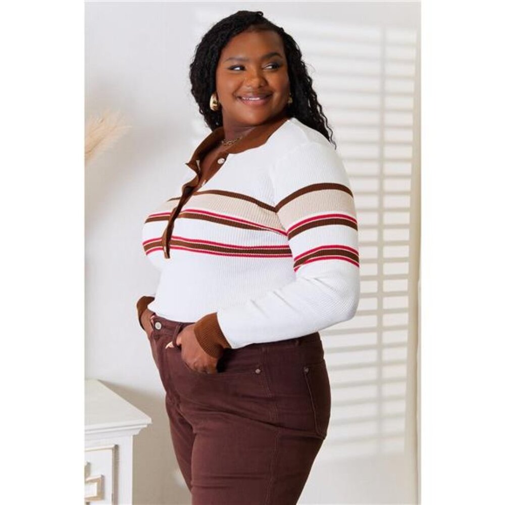 Basic Bae Striped Collared Neck Rib-Knit Top - Picture 7 of 7
